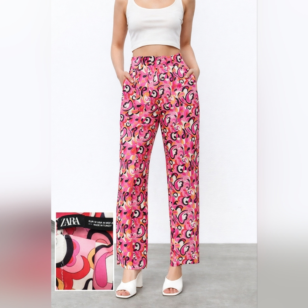 ZARA Retro Pink Psychedelic Print Pants Women’s Size M – Bold Statement Trousers